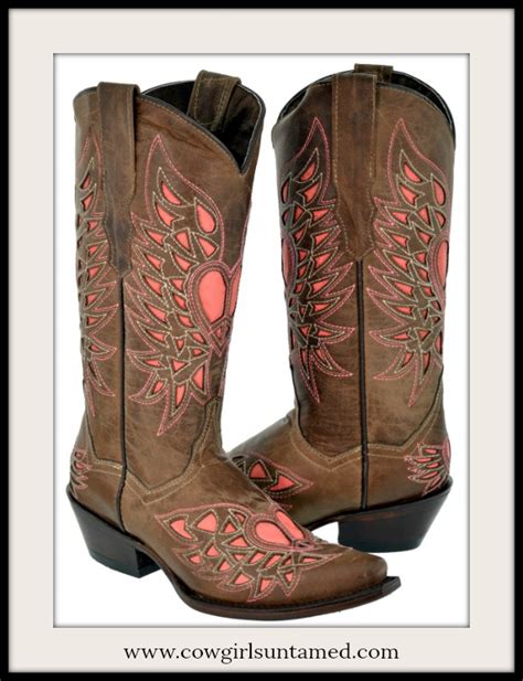 Pink Heart And Angel Wings Brown Genuine Leather Western Boots Brown Angel Wing Pink Heart