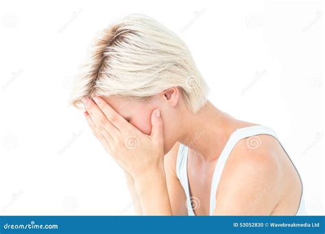 Sad Blonde Woman Crying With Head On Hands Stock Photo Image Of