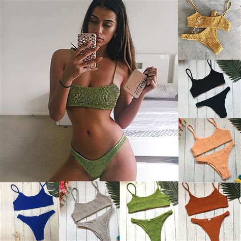 Yellow Ruffles Crochet Sexy Triangle Bikini For Women Push Up Padded Bra Biquini Swimsuit Mujer