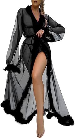 Women Fashion Sexy Robe Long Lingerie Nightgown Bathrobe Sleepwear Feather Bridal Robe Lace