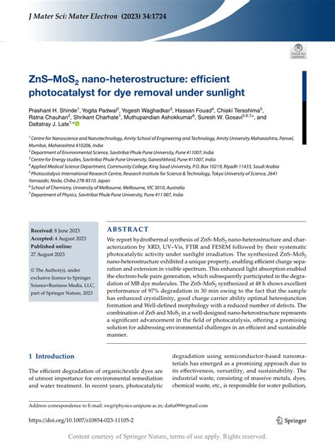 Znsmos2 Nano Heterostructure Efficient Photocatalyst For Dye Removal