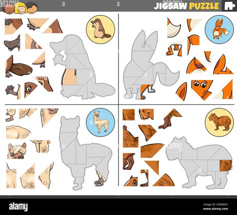 Cartoon Illustration Of Educational Jigsaw Puzzle Games Set With Animal