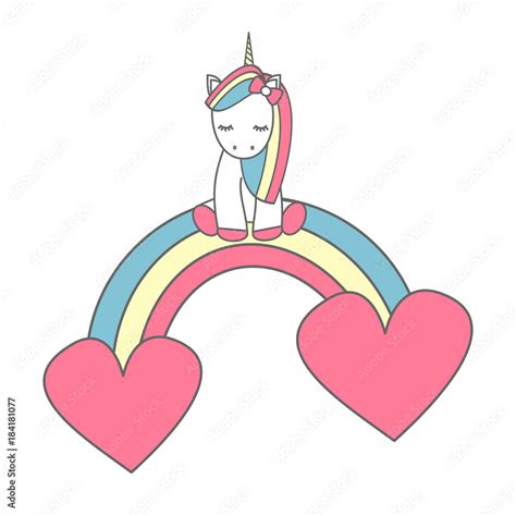 Cute Cartoon Unicorn Sitting On Colorful Rainbow With Hearts Vector