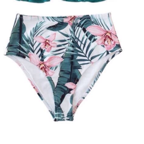 Cupshe Swim Cupshe Smocked Blue Leaves Print Bikini Sets Women Ruffle Highwaist Tankini Xxl