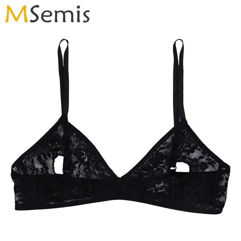 MSemis Women Lingerie Sheer Sexy Lace Floral Open Nipples Bra Top Wire Free Unlined Triangle Cup