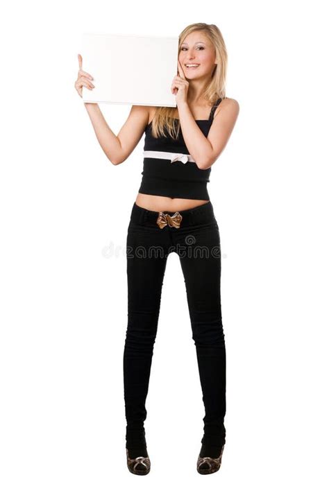 Pose Blonde Avec Le Panneau Blanc Image stock Image du féminité dame