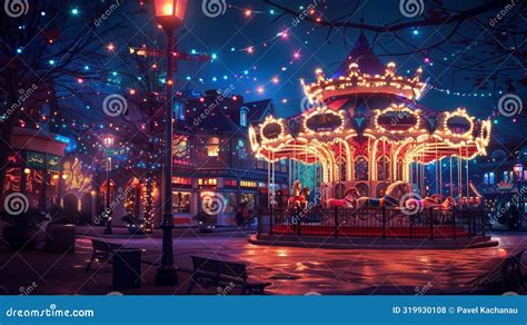 Merry Go Round Carousel Spinning In Illuminated City At Night Stock