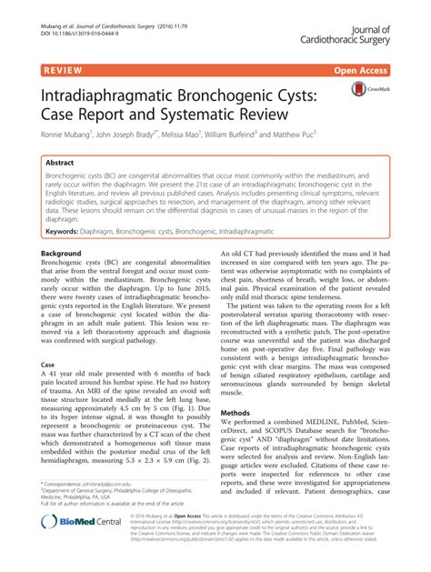 Pdf Intradiaphragmatic Bronchogenic Cysts Case Report And Systematic