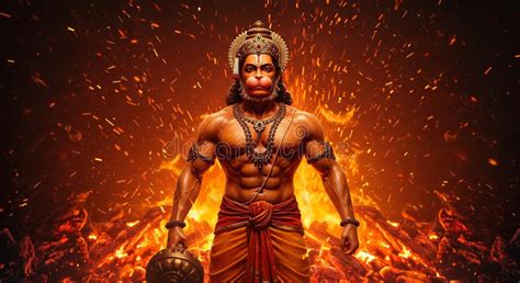 mighty hanuman stands strong  fiery backdrop embodying strength