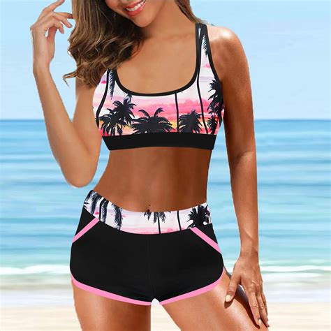 Swimwear Women High Waist Print Split Push Up Swim Top And Shorts Bikini Set Sexy Swimwear