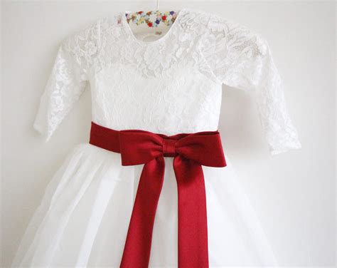 Long Sleeves Light Ivory Flower Girl Dress Wine Sash Bows Lace Etsy