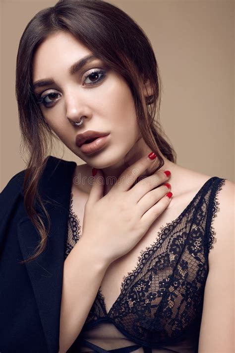 Beautiful Brunette Woman With Juicy Lips In Lingerie Stock Photo Image Of Elegant Happy