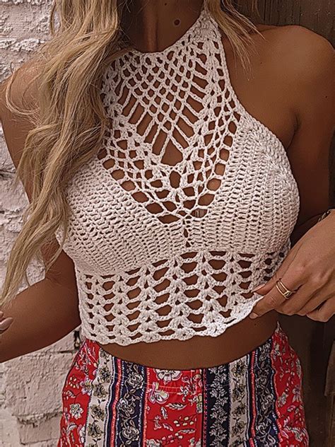 Emmiol Free Shipping Crochet Hollow Halter Bikini Top Beige S In Bikini Tops Online Store