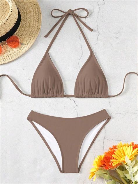 Conjunto de Maiô Bikini Feminino de cor sólida laços de pescoço Halter Roupa de Banho Sexy