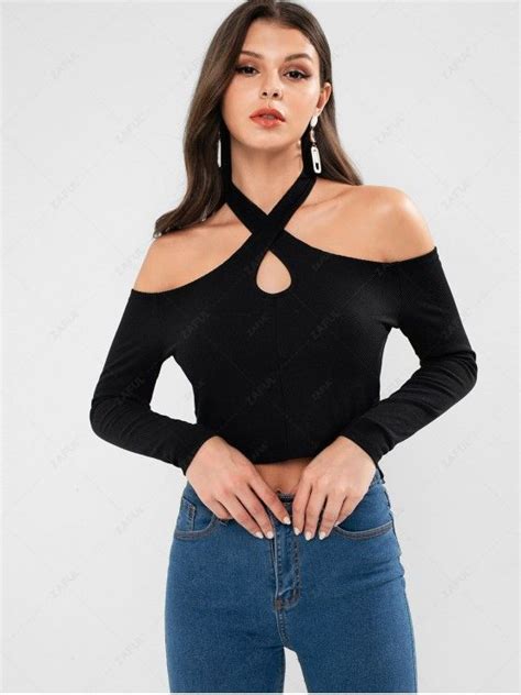 [26 Off] 2021 Zaful Criss Cross Halter Neck Crop Tee In Black Zaful