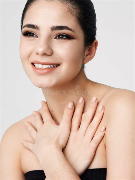 Smiling Woman Face With Makeup Nude Shoulders Hands Near Neck Stock Image Image Of Hairstyle