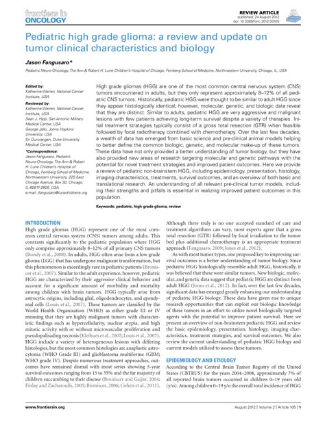 Pdf Pediatric High Grade Glioma A Review And Update On Tumor Clinical Characteristics And Biology