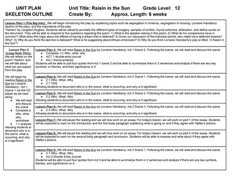 Raisin In The Sun Thematic Unit Plan UNIT PLAN Unit Title Raisin In