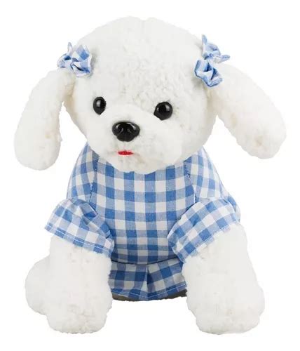 Cachorro Poodle De Pelúcia Branco Roupinha E Laço Azul 31 Cm