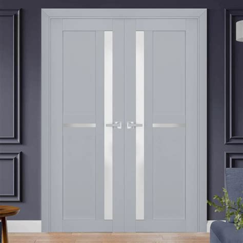 Interior Solid French Double Doors Frosted Glass Veregio 7288 Matte Grey Wood Solid Panel