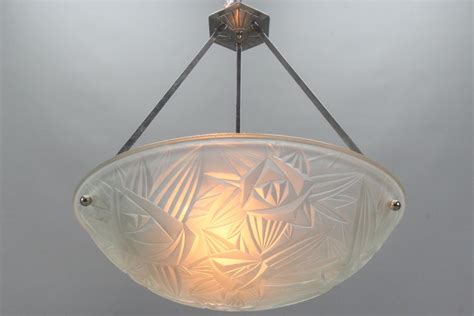 French Art Deco Chromed Brass And Frosted Glass Pendant Light By Noverdy 1930s For Sale At 1stdibs