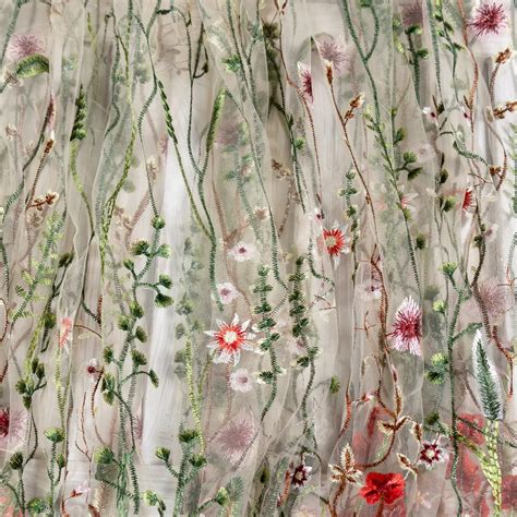 Natural Plant Floral Embroidery Nude Mesh Fabric OneYard