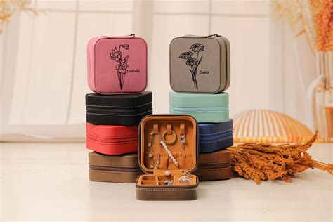 Travel Jewelry Box Birth Flower Jewelry Travel Case Leather Jewelry