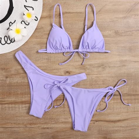 Jual PREORDER Summer 3 Piece Bikini Set Women Solid Green Purple Push Up Bra Thong Swimsuit