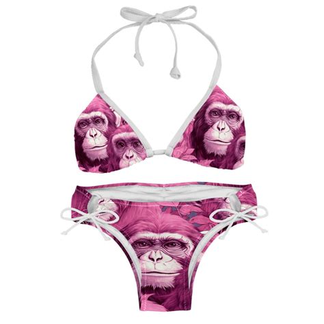 Pink Monkey Gorilla Detachable Sponge Adjustable Strap Bikini Set Two Pack For Swimwear And