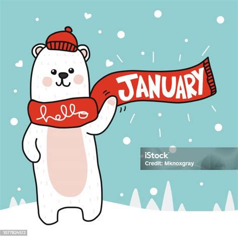 Hello January White Polar Bear Cartoon Doodle Style Vector Illustration