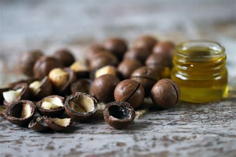 Premium Photo | Macadamia nut oil. macadamia nuts selective focus.