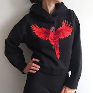 Red Parrot Embroidered Sweatshirt Macaw Pattern Custom Embroidery