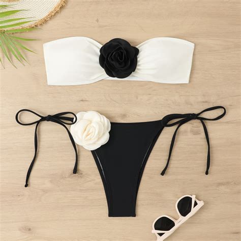 ชดวายนำ bikini ชดบกน เกาะอก ตกแตงดอกไมสามมต การออกแบบสทตดกน พรอมสงจากไทย