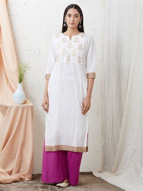 Buy White Hand Block Printed Cotton Kurta With Blue Ombre Palazzo And Dupatta Set Of 3 Online