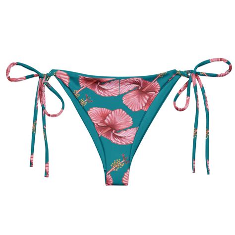Hibiscus Flower String Bikini Bottom Tropical Turquoise Floral Print Womens Swimsuit
