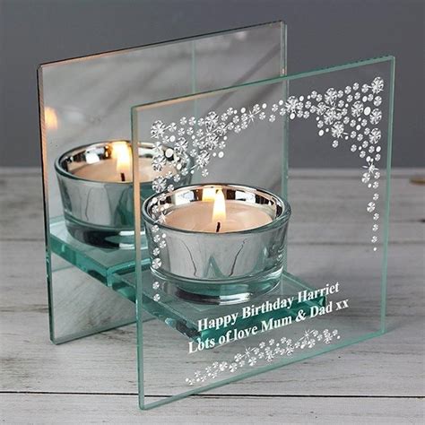 Personalised Diamante Mirrored Glass Tea Light Holder Tea Lights