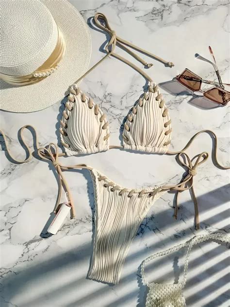 Halter Wrinkled Weave Bikini Women Swimwear Female Swimsuit Two Pieces Bikini Set