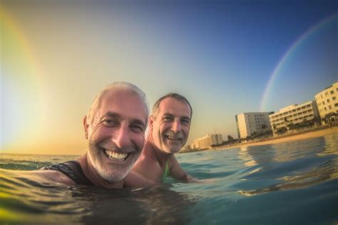 Feliz Pareja Gay Senior Nadando En El Desfile Del Orgullo Lgbtq En Tel Aviv Israel Foto Premium