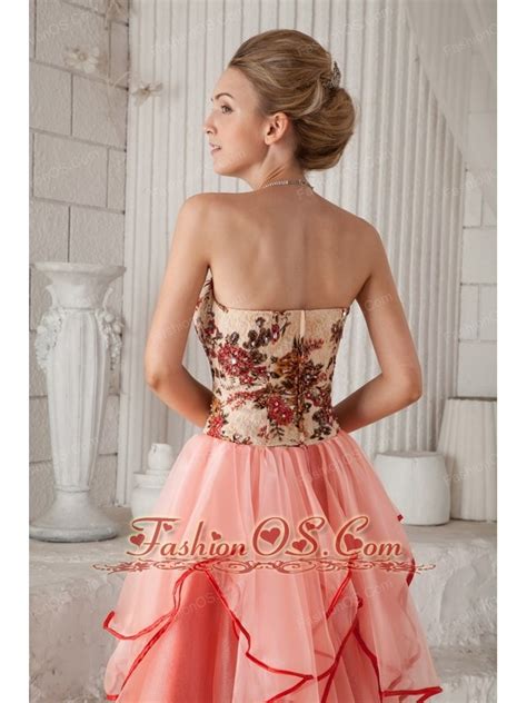 Watermelon Column Sheath Strapless Floor Length Organza Appliques