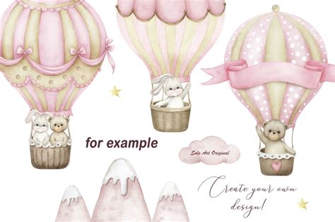 Teddy Bear Hot Air Balloons Baby Girl Shower Clipart By Solo Art Original TheHungryJPEG