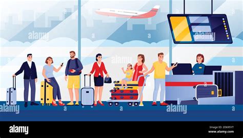 Flight Check In At Airport Terminal Vector Flat Illustration