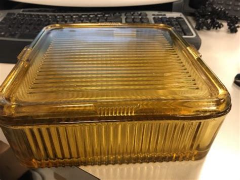 Vintage Federal Amber Ribbed Depression Glass Refrigerator Box With Lid