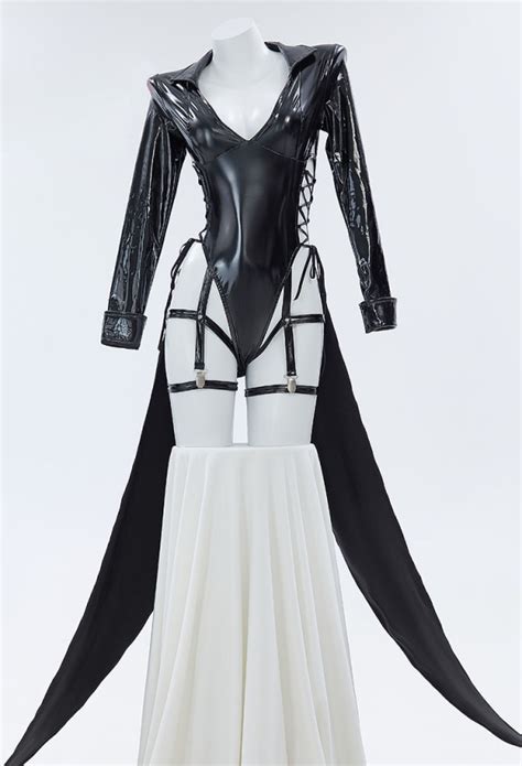 Women Gothic Style Black Lingerie Set V Neck Bodysuit And Leg Ring With Skirt Hem Cosplay