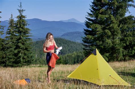 Slim Blonde Woman Standing In Forest Near Tent Stock Image Image Of Landscape Hiker