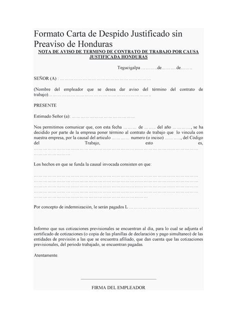 Formato Carta De Despido Justificado Sin Preaviso De Honduras My Xxx