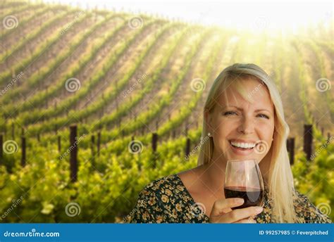 Beautiful Blonde Woman Enjoys Glass Of Wine In A Vineyard Stock Image Image Of Enjoys Merlot