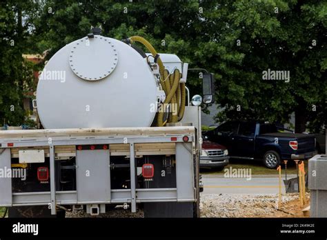 Septic Truck In Cleaning Portable Restroom Stock Photo Alamy