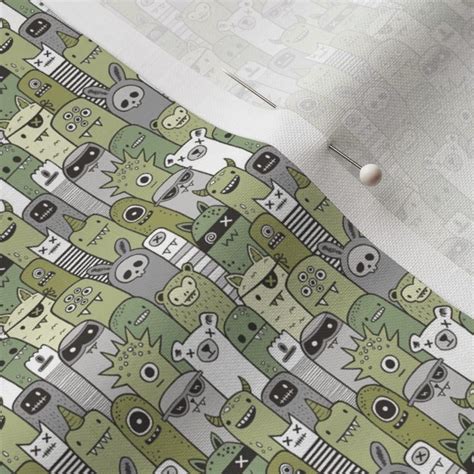 Monsters And Friends Olive Green Tiny Fabric Spoonflower