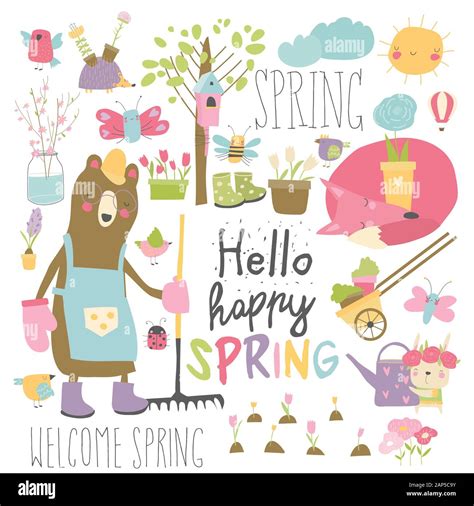 Set of cartoon animals and spring elements Stock Vector Image & Art - Alamy