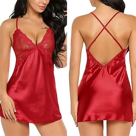 Chemise De Nuit En Satin Pour Femmes Lingerie Sexy Ensemble Nuisette Costumes Rotiques Chauds